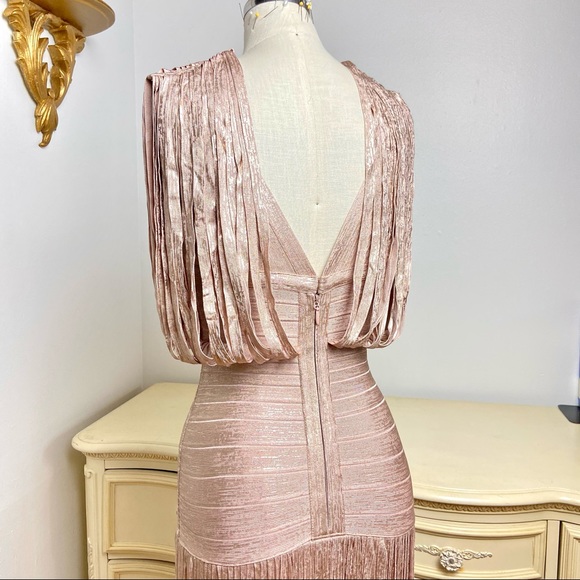 💔SOLD $2,350 Hervé Léger Selena Gold Fringe Gown - Picture 8 of 14